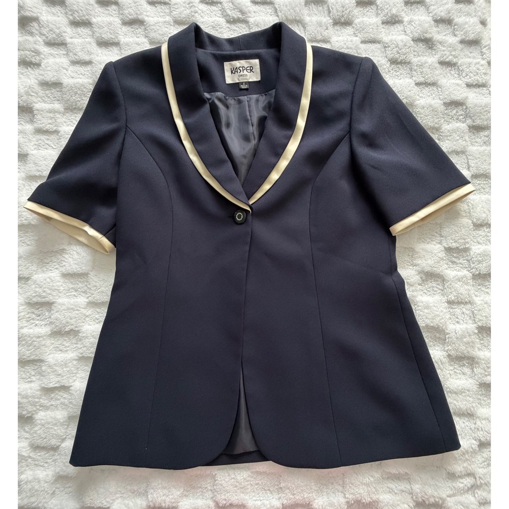Kasper Dress Womens Navy Blue Short Sleeve Blazer Cream Trim Size 6- EUC